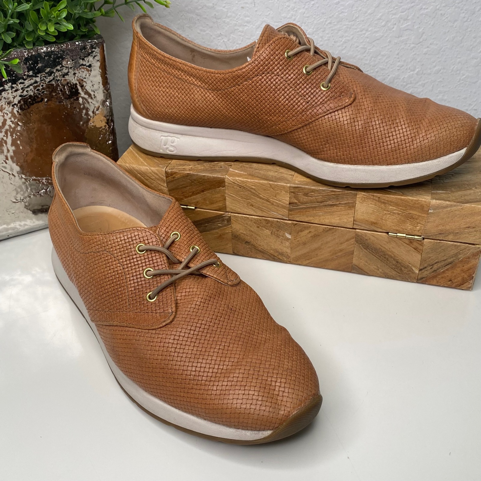 Paul Green Isabella Oxford Woven Leather Lace Up Shoes Cognac Size 8.5 Us